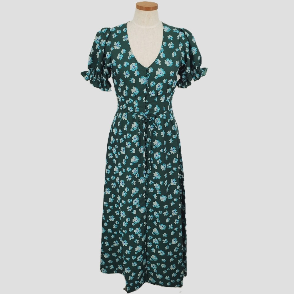 Outerknown XS Kira Floral Puff Sleeve Tie Waist V Neck Maxi Dress Green‎ Blue